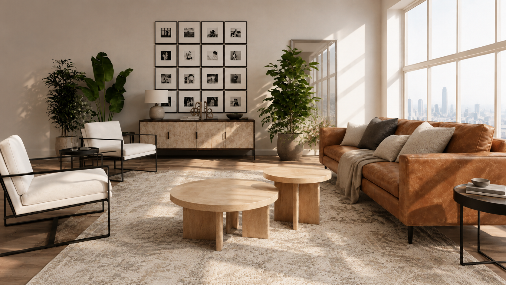Sunlit living room with natural wood tables, leather sofa, and upholstered lounge chairs